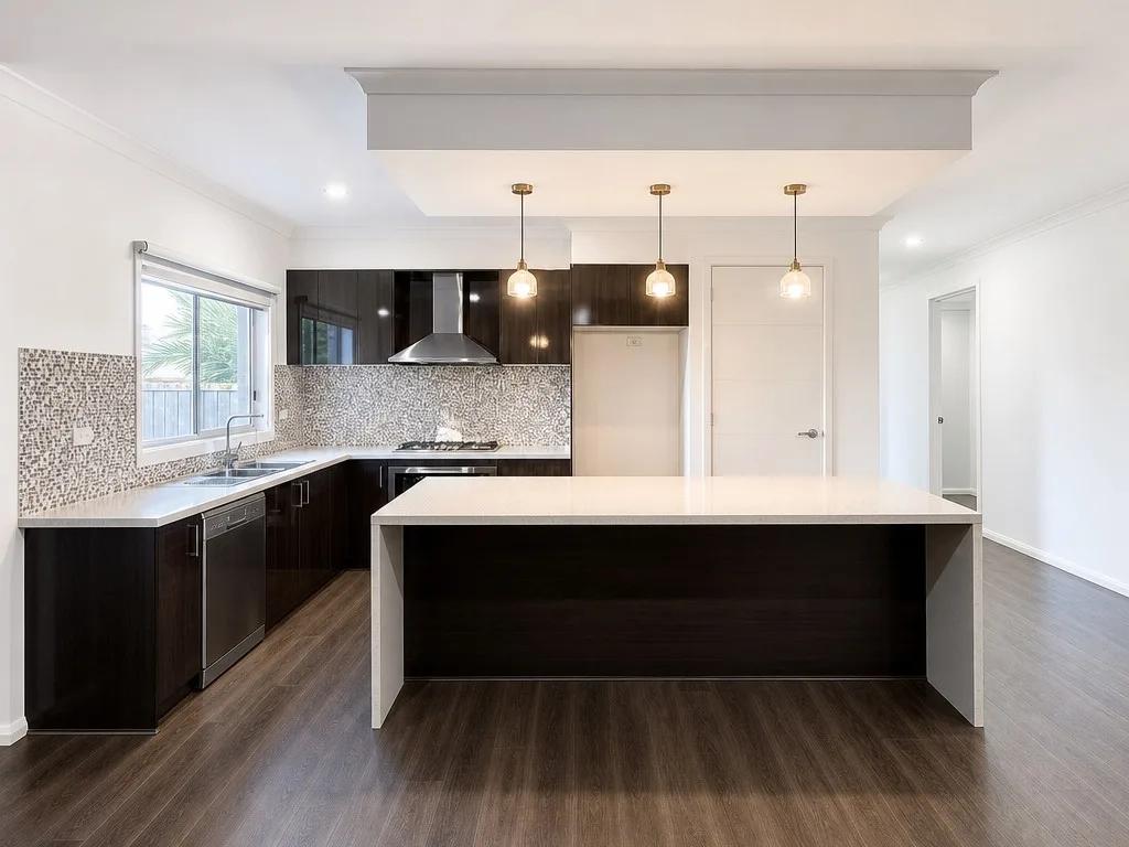 The same cluttered kitchen after Enhancia's AI edit