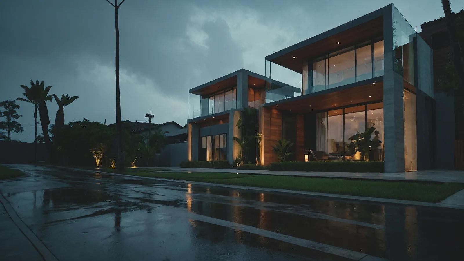 Same property exterior after AI Rainy to Sunny editing with dry surfaces and sunny daylight before