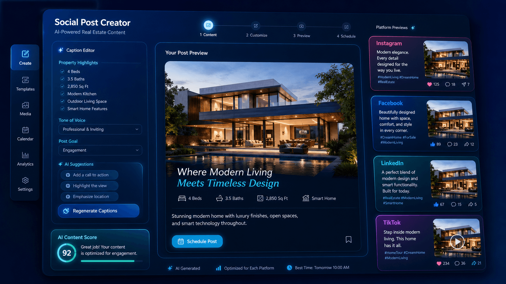 AI-generated social media post previews for a property listing